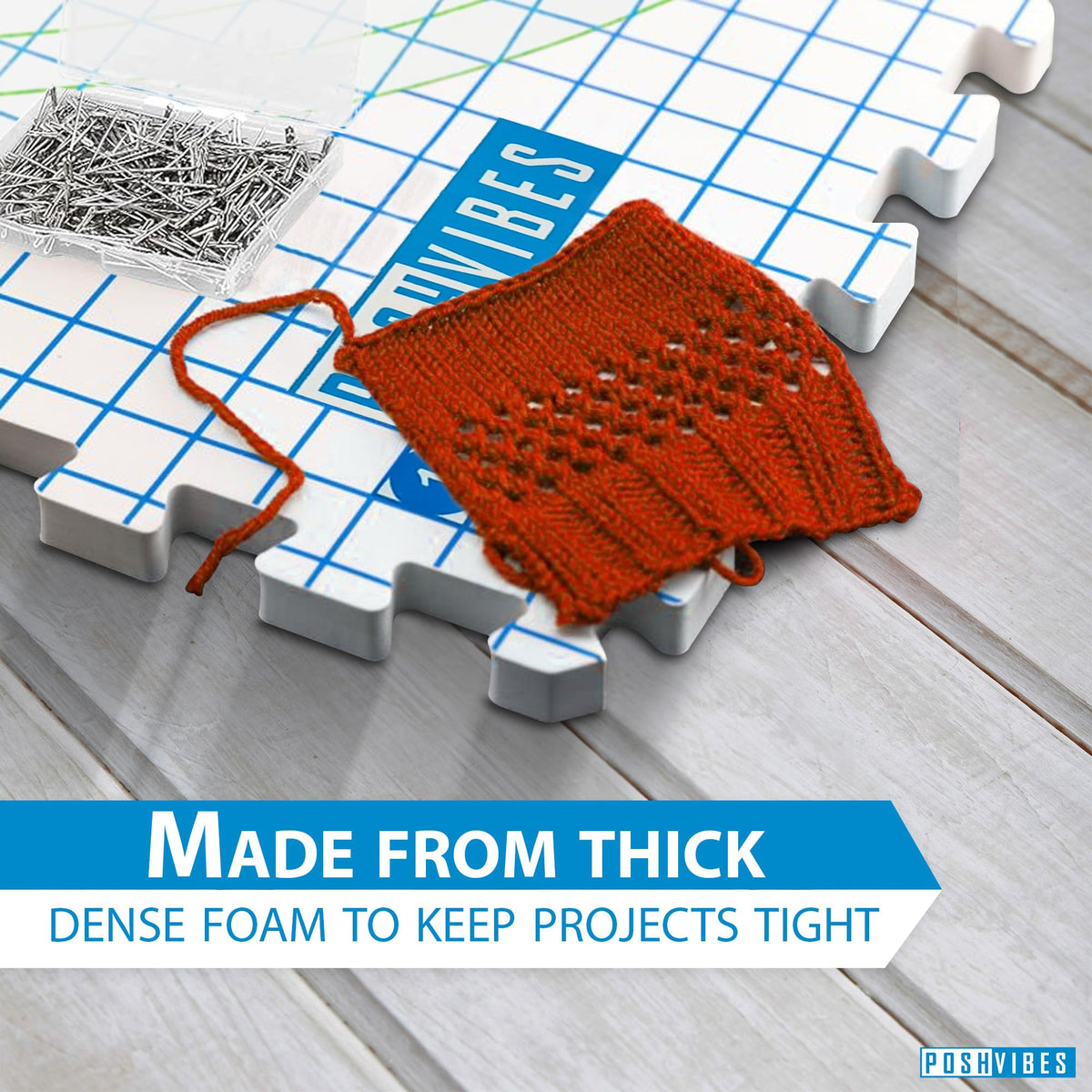 POSHVIBES 9 Extra Thick Blocking Mats for Knitting & Crochet Projects - Pack of 9 with 200 T-Pins, Reusable Storage Bag, 12.6x12.6x0.7 Inches - Gift for Knitting Lovers