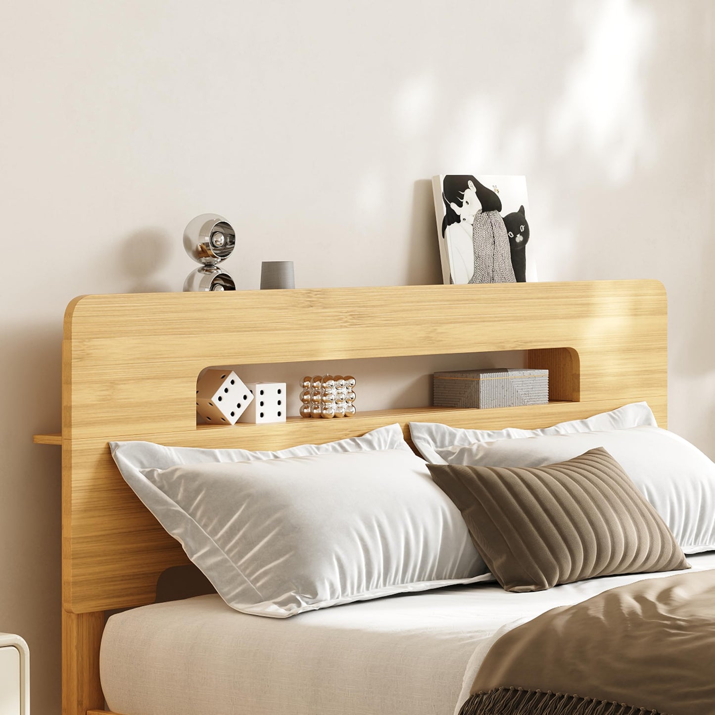 COMASACH Bamboo Wood Queen Bed Frame with Storage Headboard,14 Inch High Solid Queen Size Bed Frame, Metal Slats Support, Heavy Duty, No Box Spring Needed