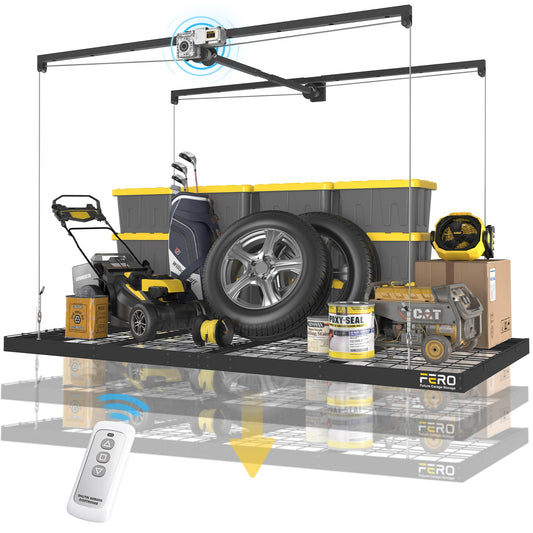 FERO Motorized Overhead Garage Storage Rack with Remote Control, Heavy-Duty Ceiling Mounted Organizer, 4x8 FT Ceiling Storage Lift System, Space-Saving Hanging Garage Shelves, 325 LBS Capacity