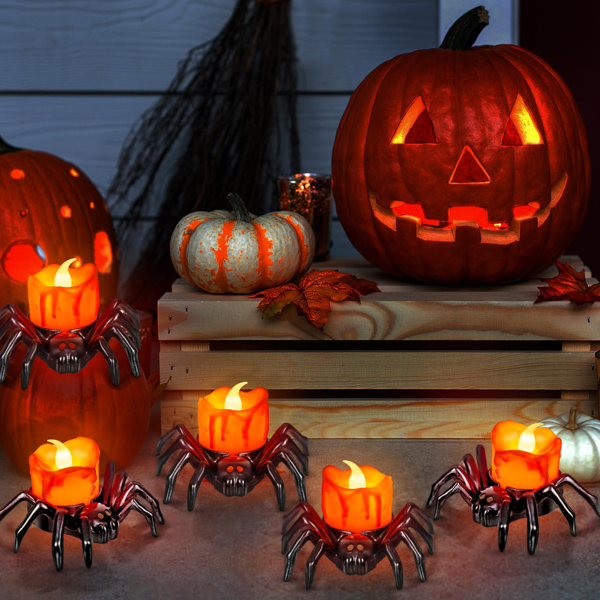 6 PCS Halloween Tea Lights Candles, Battery Operated Halloween's Flameless LED Candles, Spider Tealights Spooky Electric Flickering Fake Candle for Halloween Party Decorations