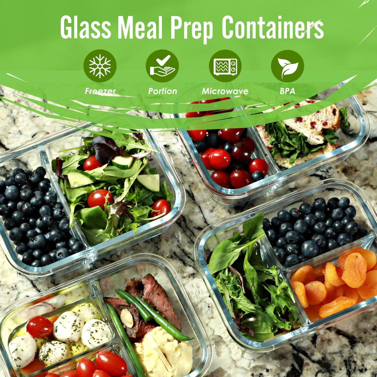FIT Strong & Healthy Glass Meal Prep Containers, 2 & 3 Compartments - Portion Control, Lunch Container Set, Food Storage, Airtight Lids, Oven & Freezer Safe, Leak-Proof Bento Box, 32 oz, Blue, 4 Pack