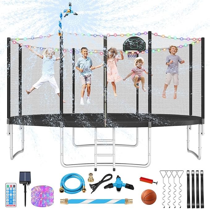 Upgraded 10/12/14/15/16FT Trampoline Outdoor, Large Kids Trampoline with Light, Stakes, Sprinkler, Backyard Trampoline with Basketball Hoop and Net, Capacity for 4-6 Kids and Adults