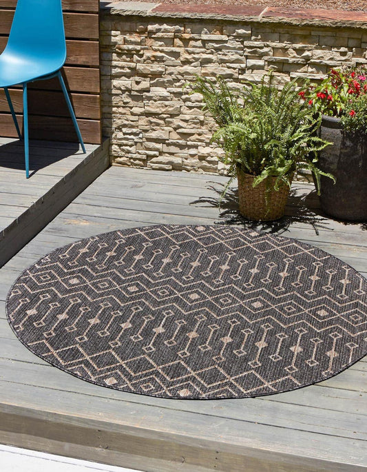 Unique Loom Outdoor Trellis Collection Area Rug - Tribal Trellis (10' 8" Round, Charcoal Gray/ Natural)