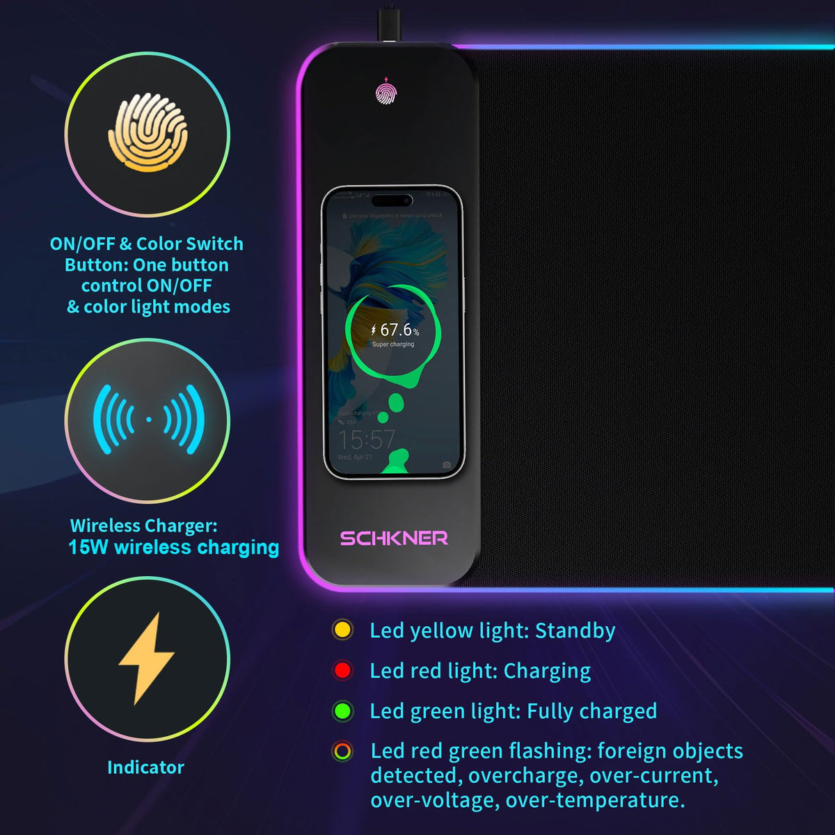 Schkner RGB Gaming Mouse Pad with Wireless Charging 15W, Large Desk Mat 800x300x4mm, 10 Light Modes Keyboard Pad with Non-Slip Rubber Base, Waterproof Mousepad for Gaming PC MacBook Laptop