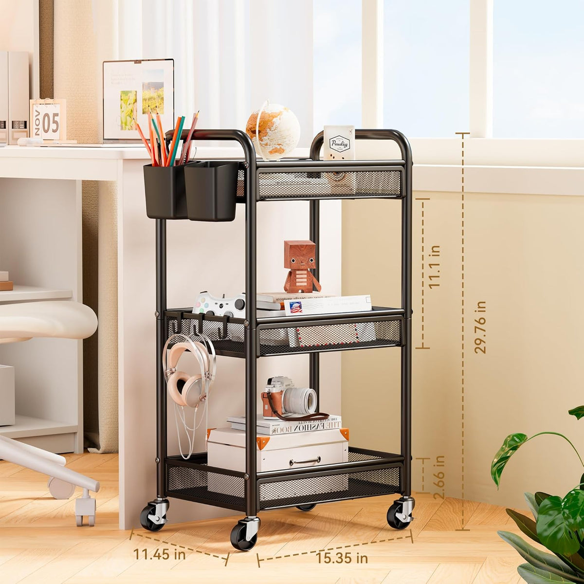YASONIC 3-Tier Rolling Cart - Metal Utility Storage with Wheels & Hooks | Black Craft Organizer