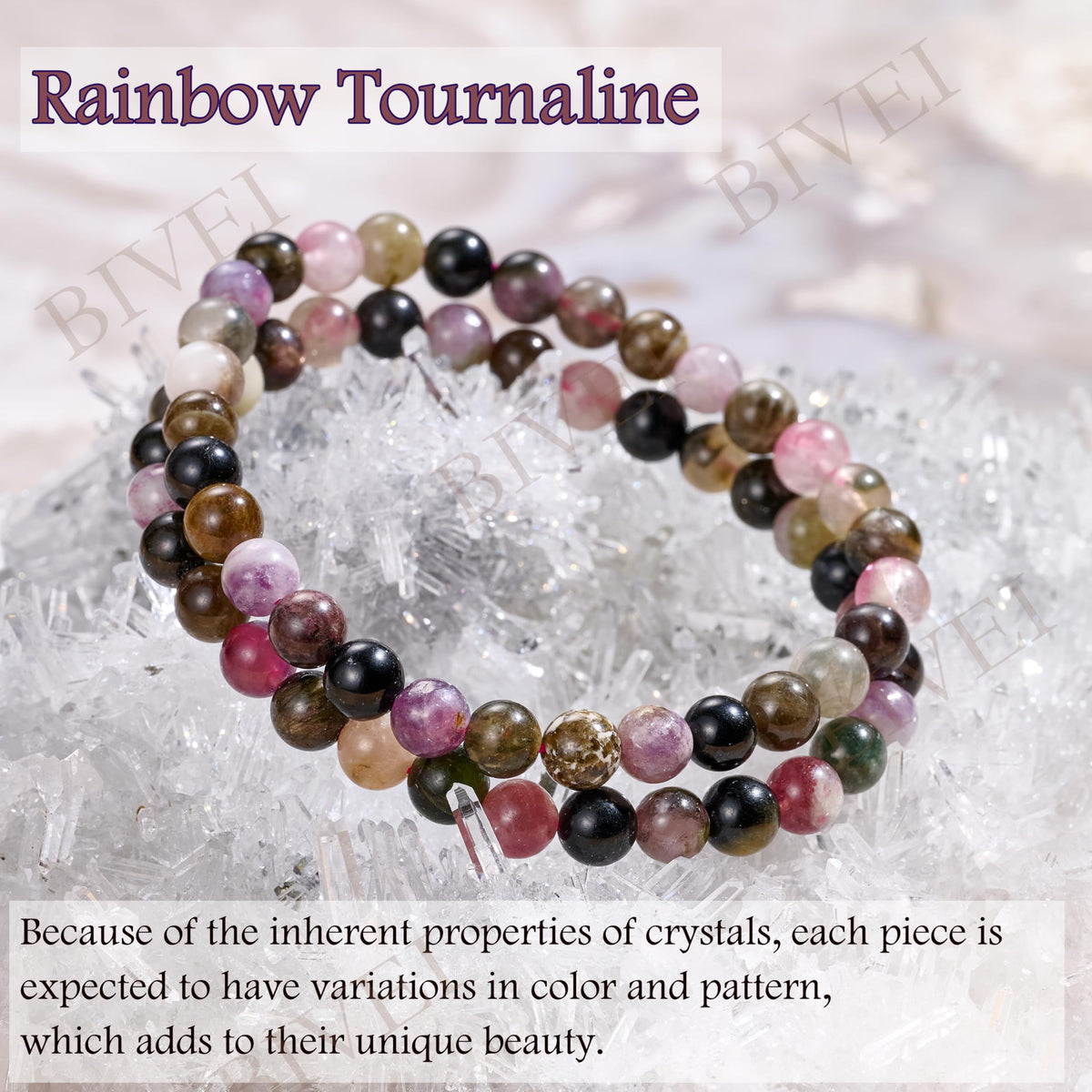 Bivei Rainbow Tournaline - Balance - 6mm Beaded Bracelets for Women Handmade Semi Precious Natural Stone Stretch Elastic Jewelry for Women Yoga Protection Gifts