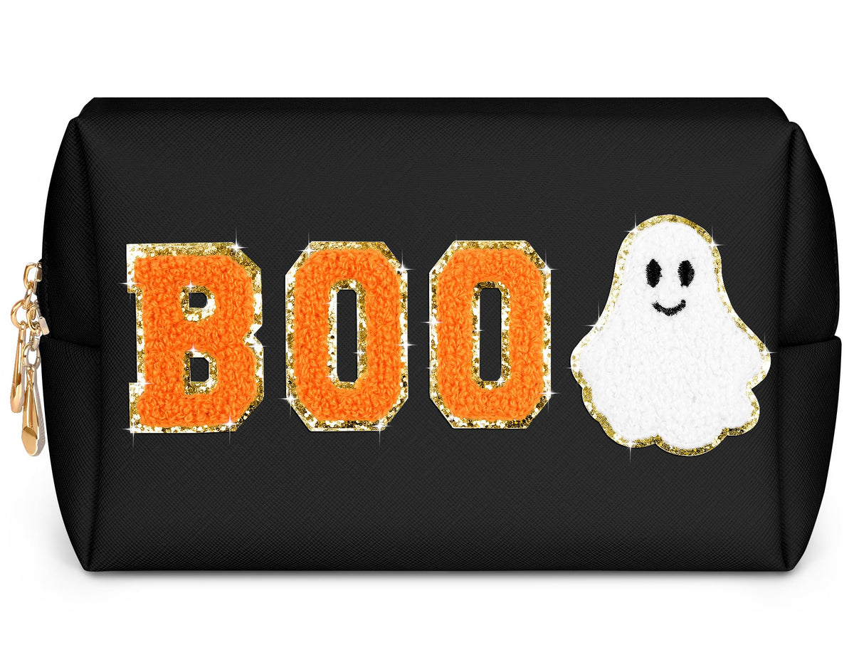 Dripkiaa Halloween Makeup Bag Chenille Patch Travel Cosmetic Bag Organizer Large Capacity Toiletry Bag Make Up Bags Cosmetic Pouch, Boo Basket Gifts for Women, Girls - Black