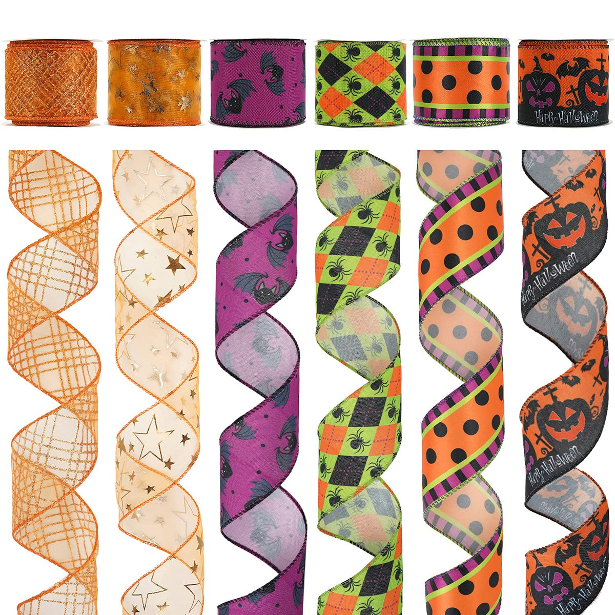 MEEDEE Halloween Wired Ribbon - 6 Rolls, 36 Yards, Black & Orange, Buffalo Plaid & Pumpkin Designs for Wreaths