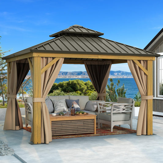 DWVO 10x10ft Gazebo, Wood Grain Aluminum Hardtop Gazebo, Heavy Duty Double Roof Galvanized Steel with Nettings and Curtains for Patio, Backyard, Deck, Lawns, Brown
