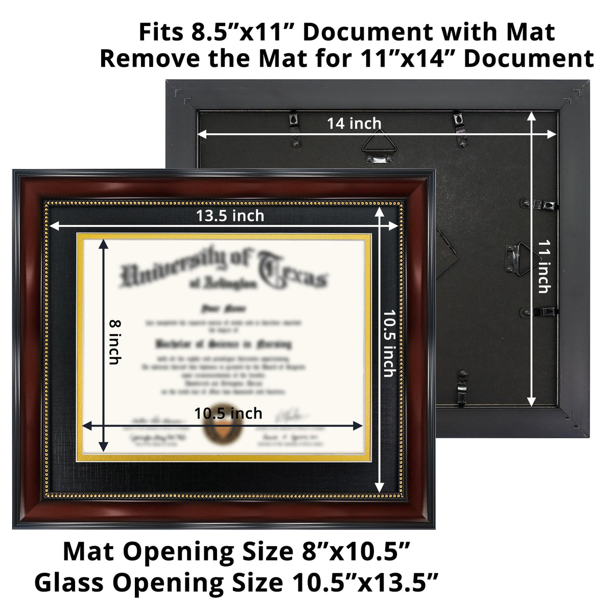GraduationMall 8.5x11 Diploma Frame with Black over Gold Mat or Display 11x14 Document without Mat, UV Protection Acrylic, Mahogany with Gold Beads