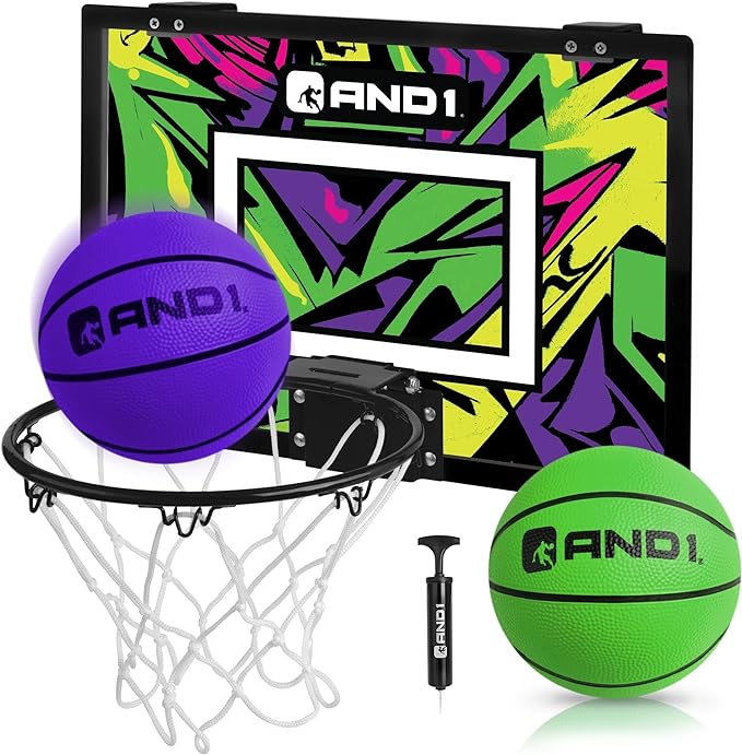 AND1 Over the Door Mini Basketball Hoop: 18x12 Shatterproof Backboard, 2 Mini Basketballs, and Hand Pump Included- Ultimate Indoor Basketball Accessory for Kids and Adults, No Tools Required