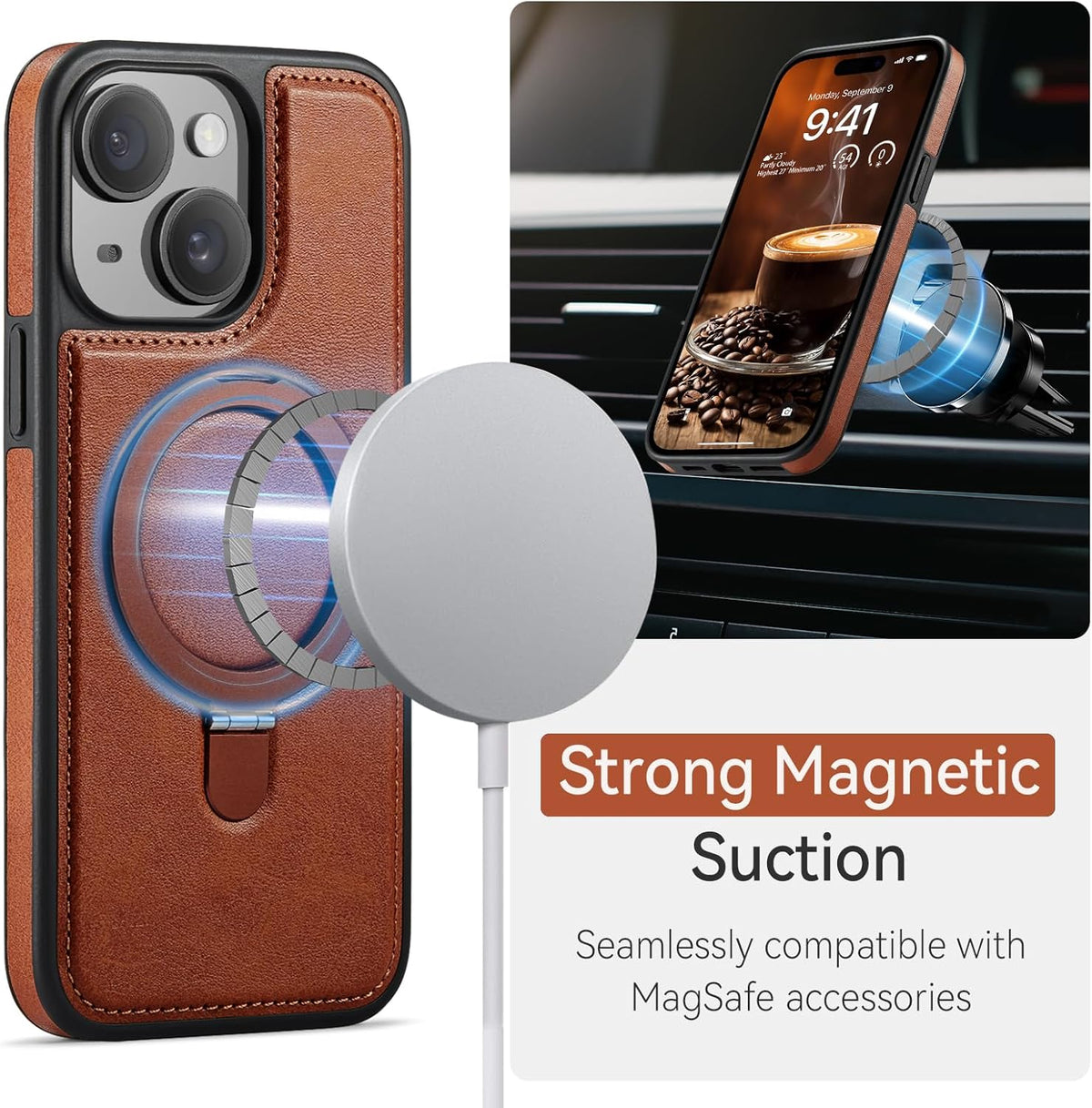 CHEEWADA 13 6.1", for iPhone Case with Stand Compatible with Magsafe Slim PU Leather & Durable TPU Drop Proof Magnetic