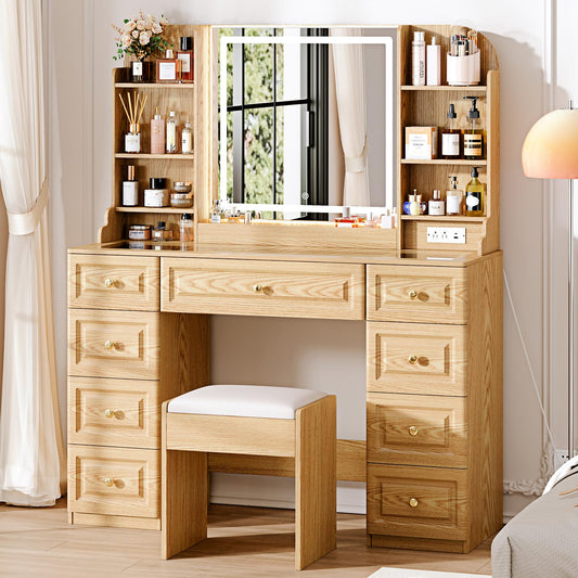 Arulvmrn 43" Makeup Vanity Desk with Mirror and Lights, & Power Outl, Glass Top Big Vanity Table with 9 Drawers& 8 Storage Shelves, Dressing Table Set with Chair for Bedroom, Wood