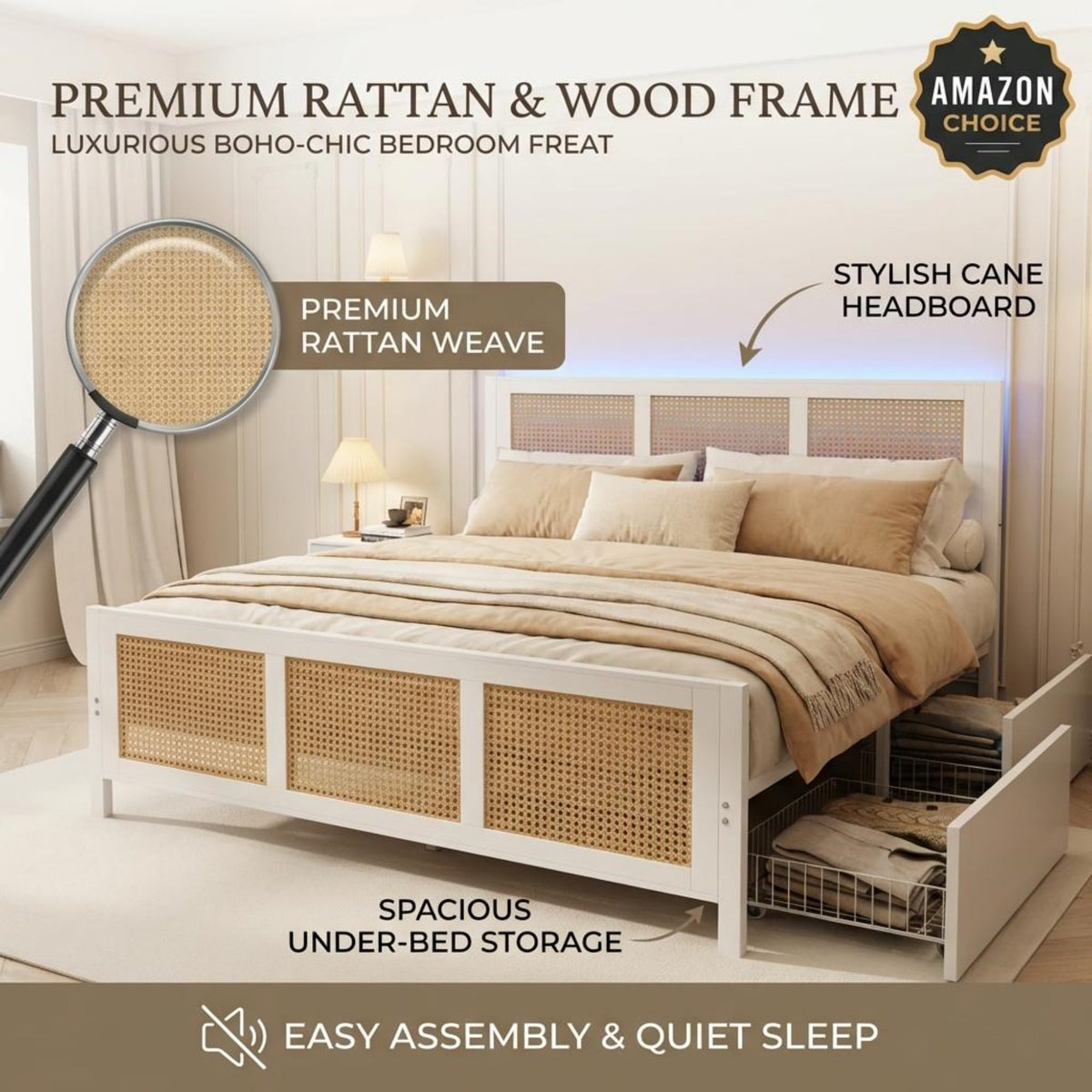 Garvee Rattan Queen Bed Frame with LED Headboard (7 Colors), Boho Cane Platform Bed with 4 Large Drawers, Strong Metal Slats Support, Noise Free, No Box Spring Needed, Easy Assembly, White