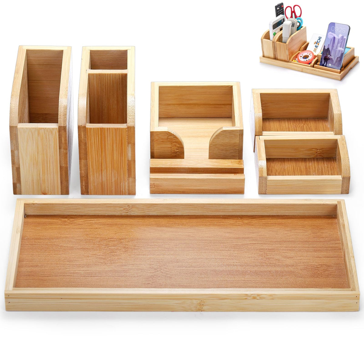 Cididu Bamboo Desk Vanity Tray, 7 Pieces Adjustable Pen Holder Stationery Caddy, Bathroom Vanity Organizer Set, Sturdy Countertop Tray Storage Boxes Office Supplies for Makeup Small Items Home Kitchen