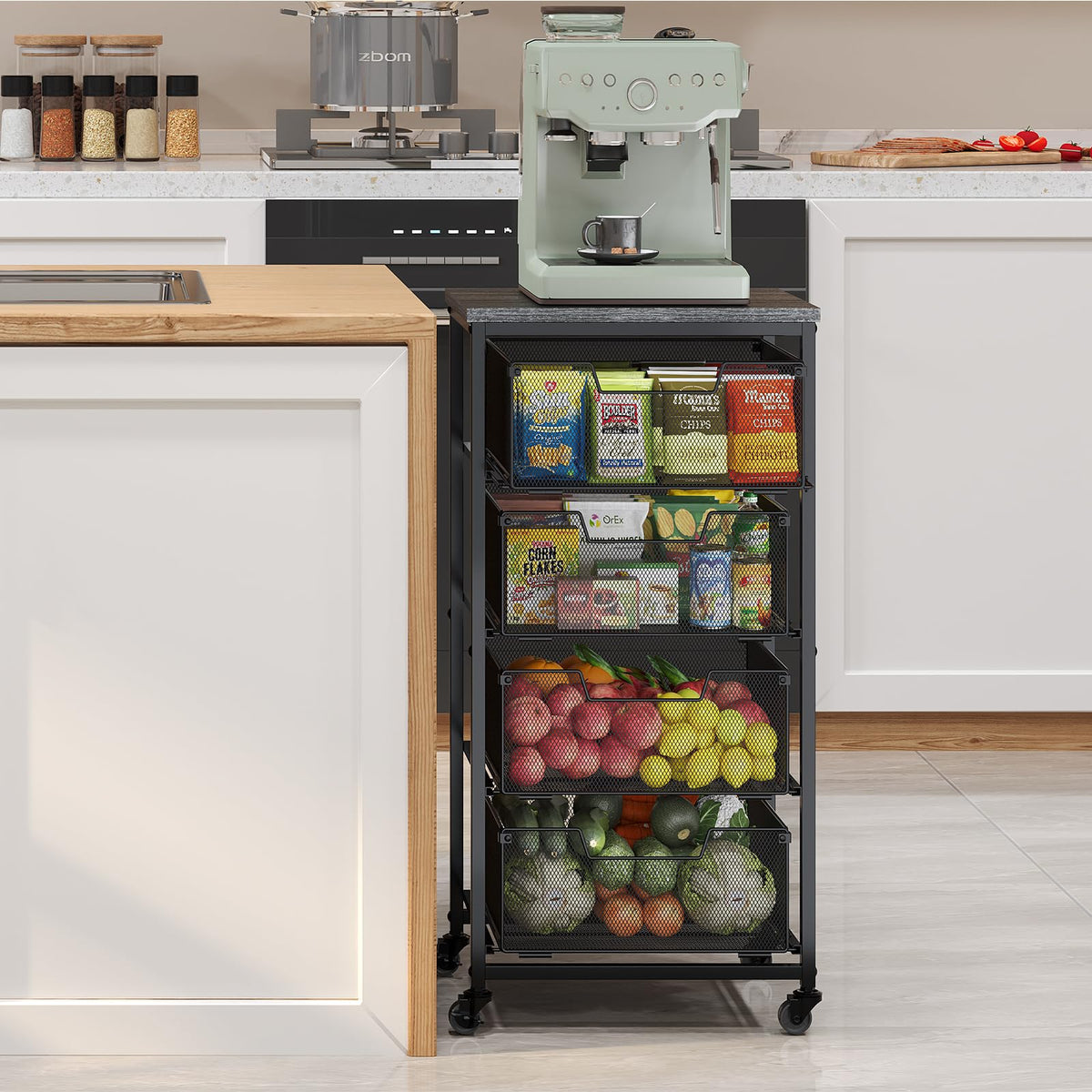 4-Tier Fruit Vegetable Storage Cart - Kitchen Organizer and Storage Cart with Wheels, Wooden Top Metal Wire Fruit Vegetable Rack Stand with Drawers to Storage Cans Snacks for Kitchen(Patent Pending)