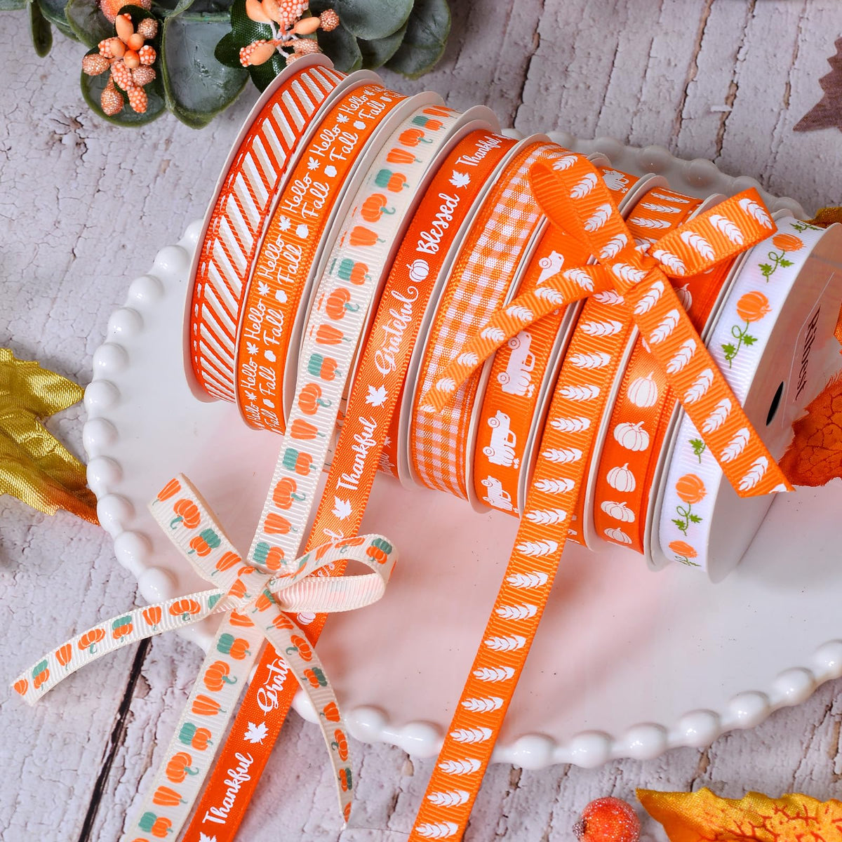Ribest Fall Ribbon Thin, 3/8 Inch Grosgrain Pumpkin Thanksgiving Ribbons for Crafts Gift Wrapping Bows Making Autumn Harvest Decor 20 Rolls 100 Yards