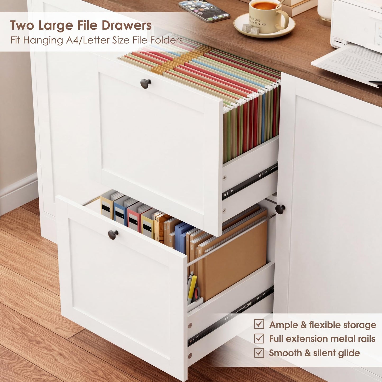 HIFIT 72'' Tall File Bookcase with Power Outlet & Printer Stand, 2 Drawer Filing Cabinets for Home Office Fit Hanging A4 File, Storage Cabinet w/ 3 Tier Open Book Shelf & Doors for Living Room, White