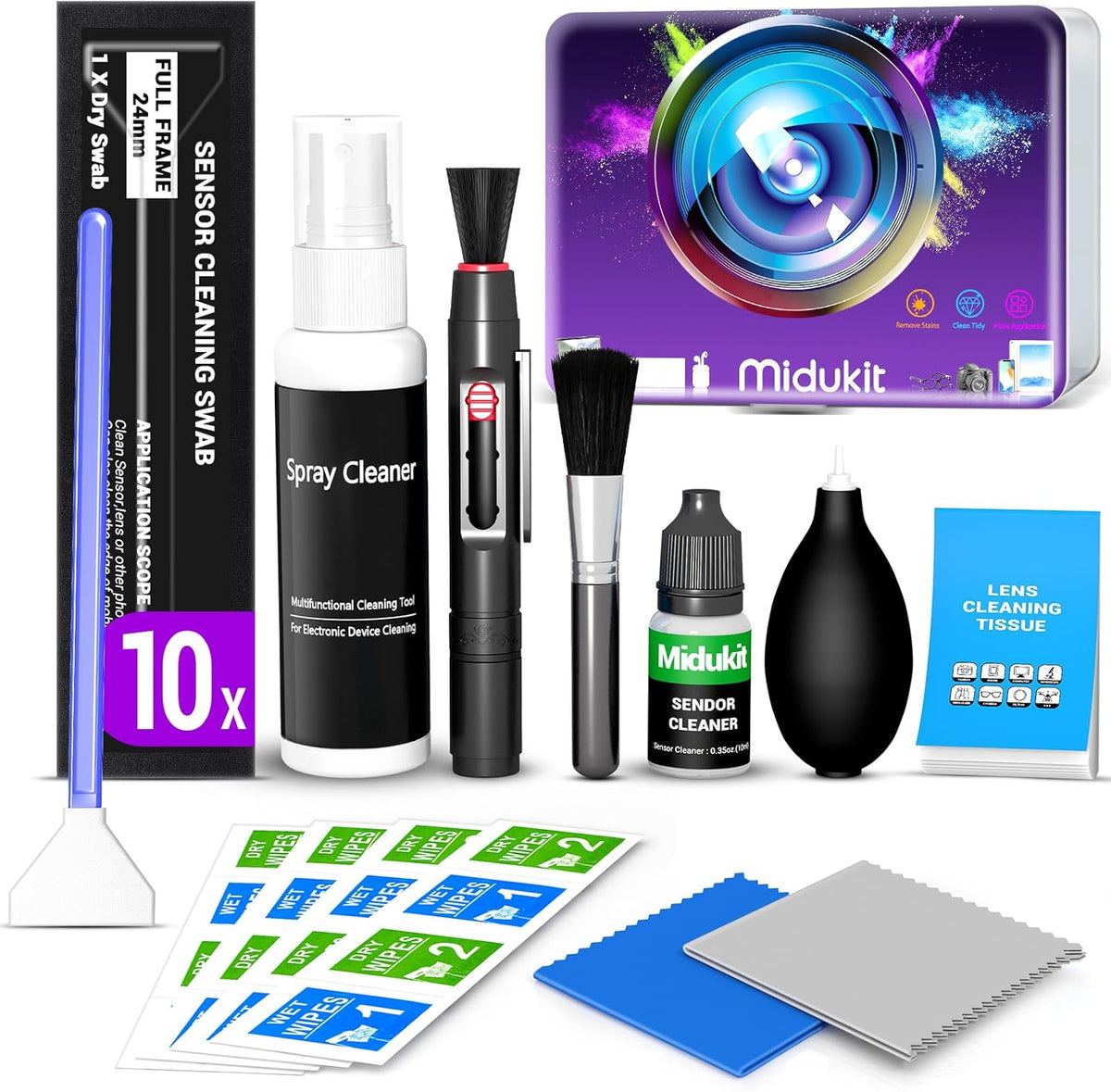 Midukit 10x Updated Camera Lens and Sensor Cleaning Kit for Full Frame DSLR - Swabs, Cleaner, and Essentials for Canon