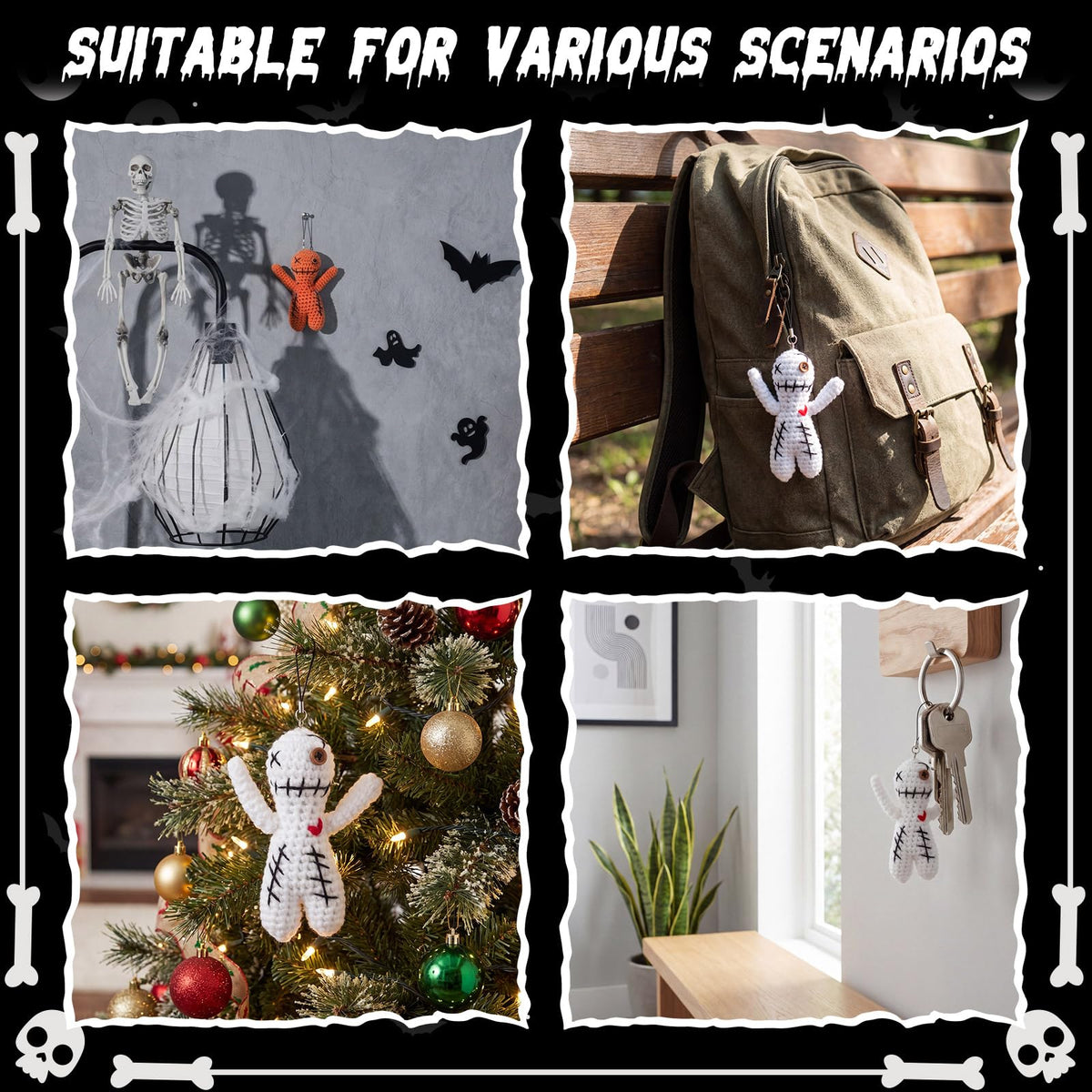 Poen 3 Pcs Voodoo Dolls Horror Doll with 30 Skull Pins, Christmas Stuffing Decoration Funny Inspirational Positive Ornaments Gifts for Friend Coworkers New Year Halloween Party Supplies (Crochet)