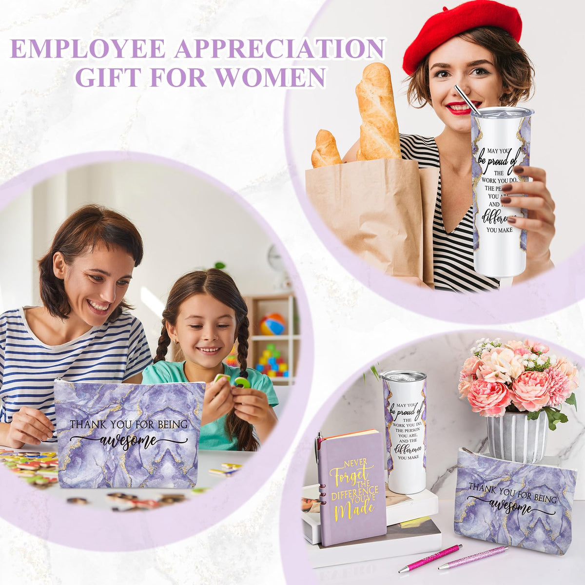 Domensi 6 Pcs Employee Appreciation Gift Set for Women Female Thank You Gift May You Be Proud 20 oz Rustic Marble Sign Tumbler Makeup Bag Journal for Nurse Lady Work Business(Purple)