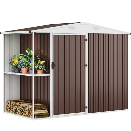 DWVO Outdoor Storage Shed 8x4FT with Rack, Metal Garden Shed with Storage Shelves, Bike Storage Tool Cabinet Box for Lawn Backyard Patio Use, Brown