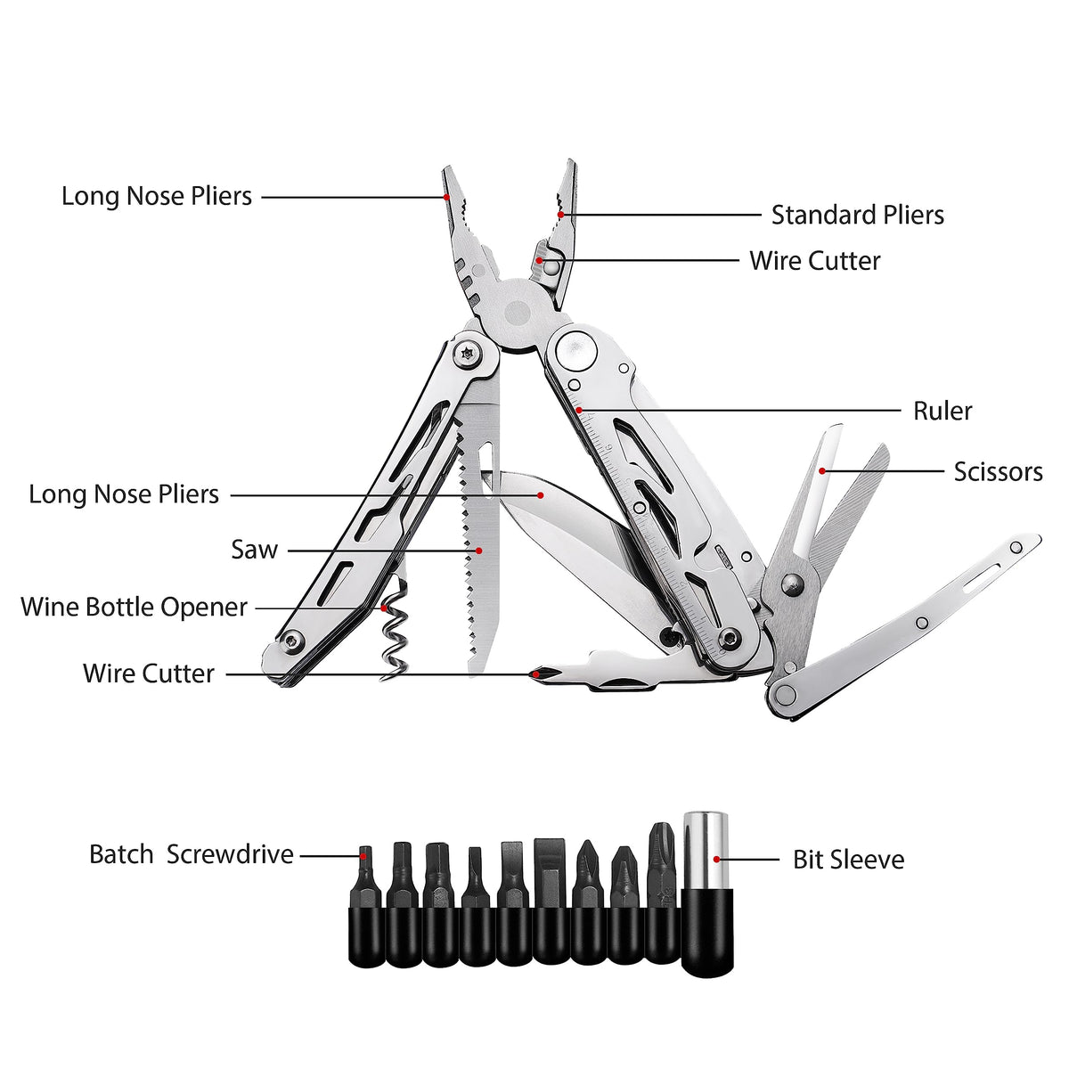 RoverTac Multi Tool Pocket Knife Tactical Camping Survival Knife Gifts for Men Dad Husband 18 in 1 Multitool Pliers Scissors Saw Corkscrew Bottle Opener 9-pack Screwdrivers Safety Lock Nylon Sheath