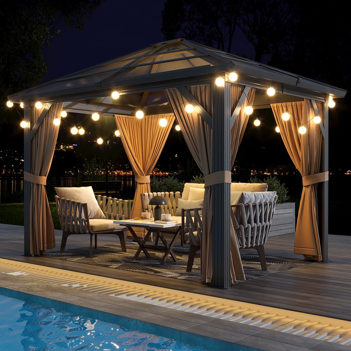 10' x 12' Hardtop Gazebo, Permanent Outdoor Pavilion with Single-Tier Hardtop Roof, Thickened Mosquito Netting, Double Track & Double Zipper Design for Patio, Lawn, Garden, Brown