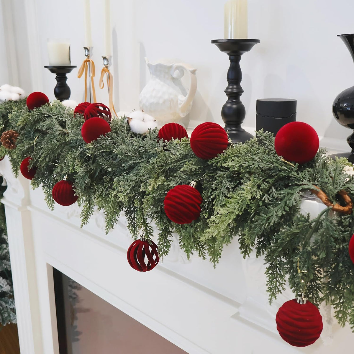 Senjie Burgundy Velvet Christmas Ornaments - 12PCS Flocked Plastic Balls for Tree Decoration