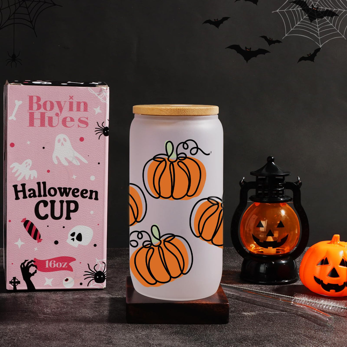 BOYIN HUES Halloween Pumpkin Cups - Cute Halloween Gifts Spooky Boo Basket Stuffers for Women, Teens, Kids - 16oz Glass Iced Coffee Cup w/Lid and Straw - Trick or Treat Party Favors Fall Decor