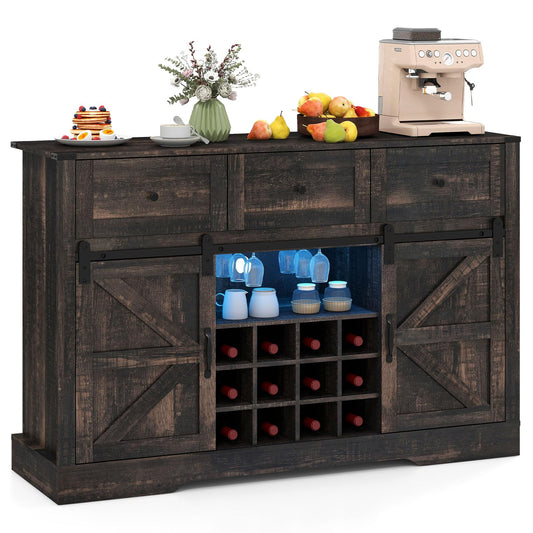 Giantex Wine Bar Cabinet with LED Lights, 52" Buffet Sideboard w/Sliding Barn Door, 3 Drawer, Adjustable Shelf, 12 Bottle Wine Rack & Glass Holder, Farmhouse Coffee Station for Living Room