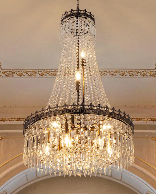 TOCHIC French Empire Crystal Chandeliers,9 Lights Rustic Farmhouse Chandelier,High Ceiling Light Fixture for Entryway,Antique Bronze Chandeliers for Dining Living Room,Foyer,Staircase,24" W x 40'' H