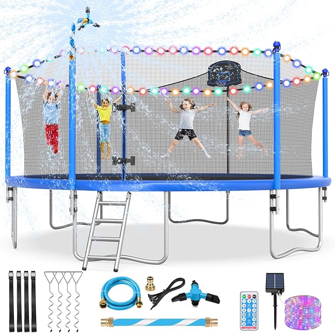 Upgraded 10/12/14/15/16FT Trampoline Outdoor, Large Kids Trampoline with Light, Stakes, Sprinkler, Backyard Trampoline with Basketball Hoop and Net, Capacity for 4-6 Kids and Adults