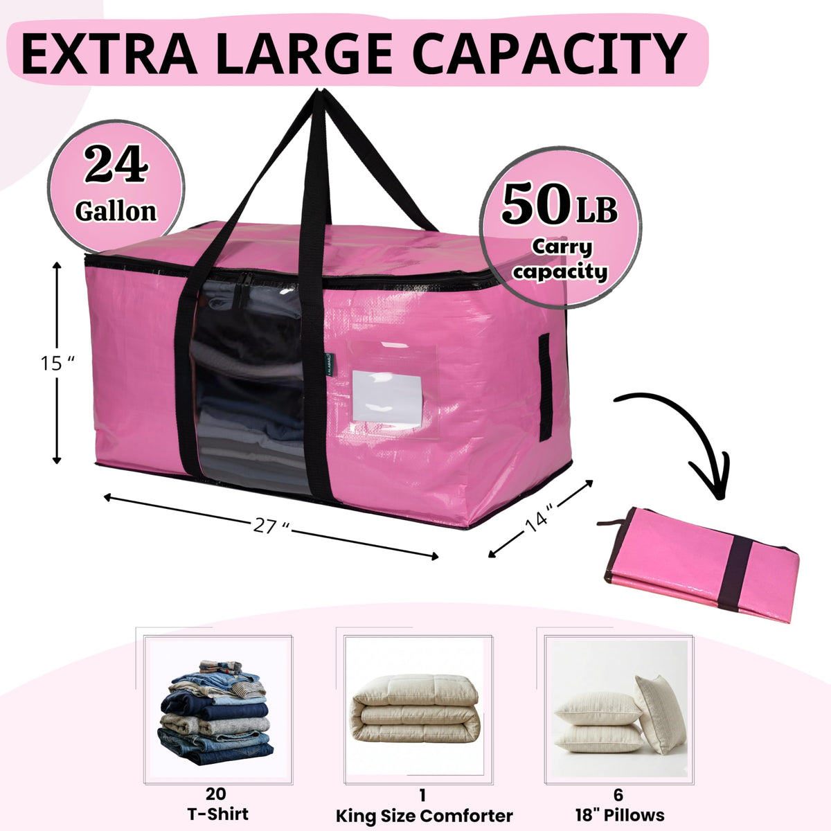 LALABAG 6-Pack Extra Large Moving Bags with Backpack Straps & Side Handles, 50 lbs Heavy Duty Storage Totes, Water-Resistant Clothes Packing Boxes Alternative (Pink)