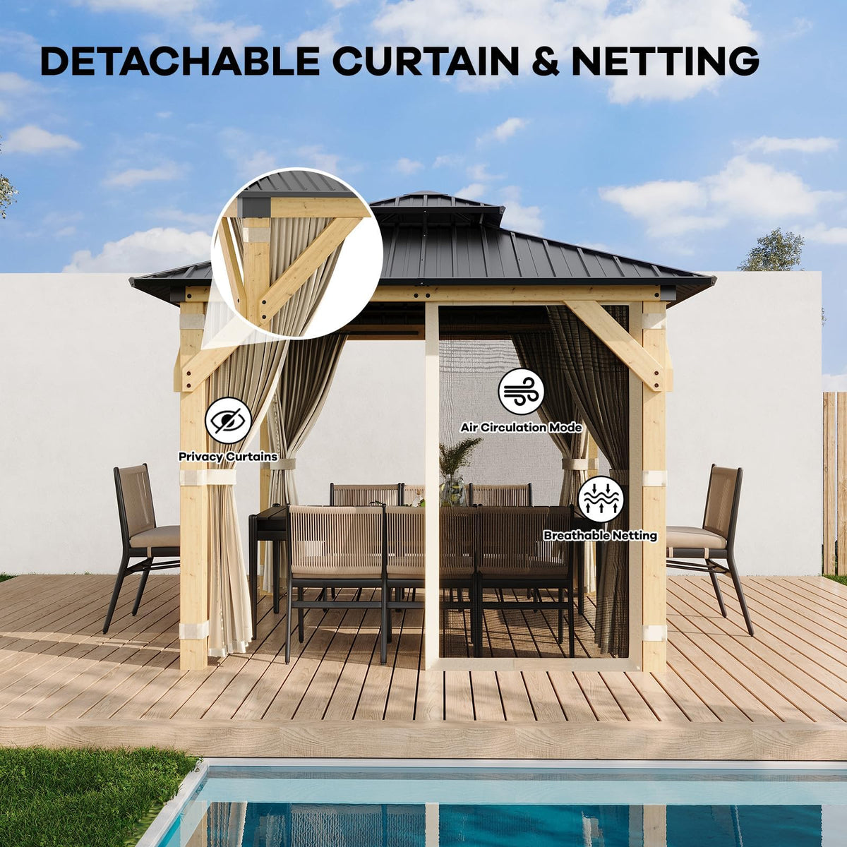 10x10 FT Hardtop Wood Gazebo, Outdoor Patio Pavilion with Cedar Frame, Double Galvanized Steel Roof, Curtains and Mesh Netting, Ceiling Hook Shelter for Backyard Deck Lawn Garden, Khaki