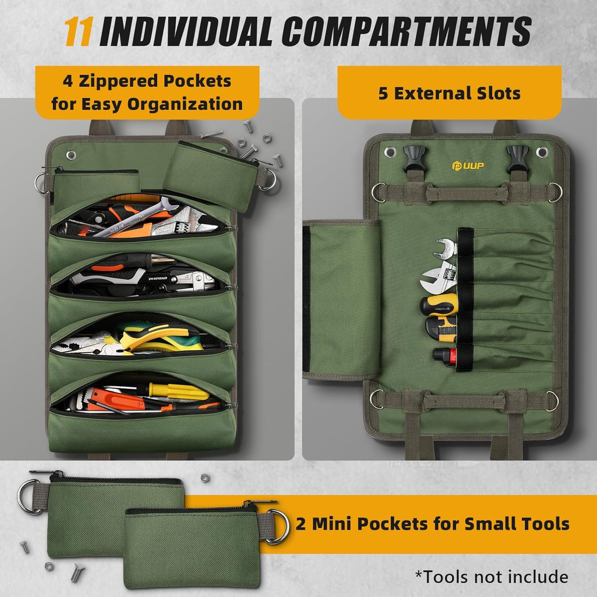 UUP Heavy Duty Tool Bag Roll Up - Portable Foldable Organizer with Pockets | Green, Perfect for Mechanics & Gifts for Dad