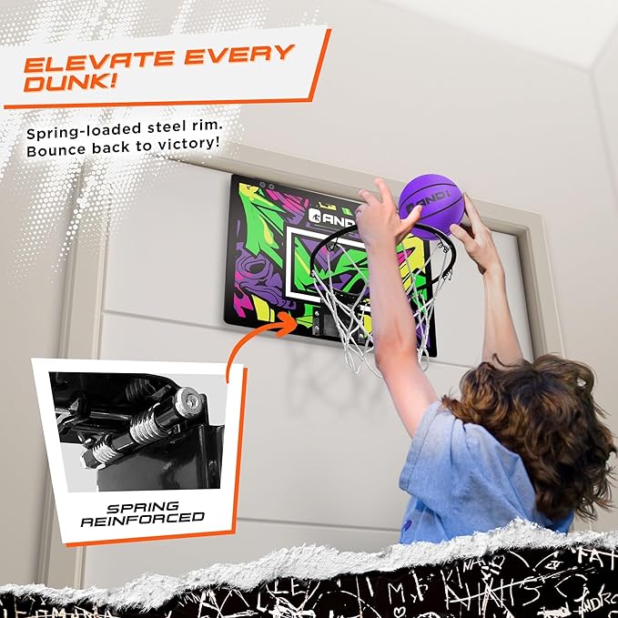 AND1 Over the Door Mini Basketball Hoop: 18x12 Shatterproof Backboard, 2 Mini Basketballs, and Hand Pump Included- Ultimate Indoor Basketball Accessory for Kids and Adults, No Tools Required