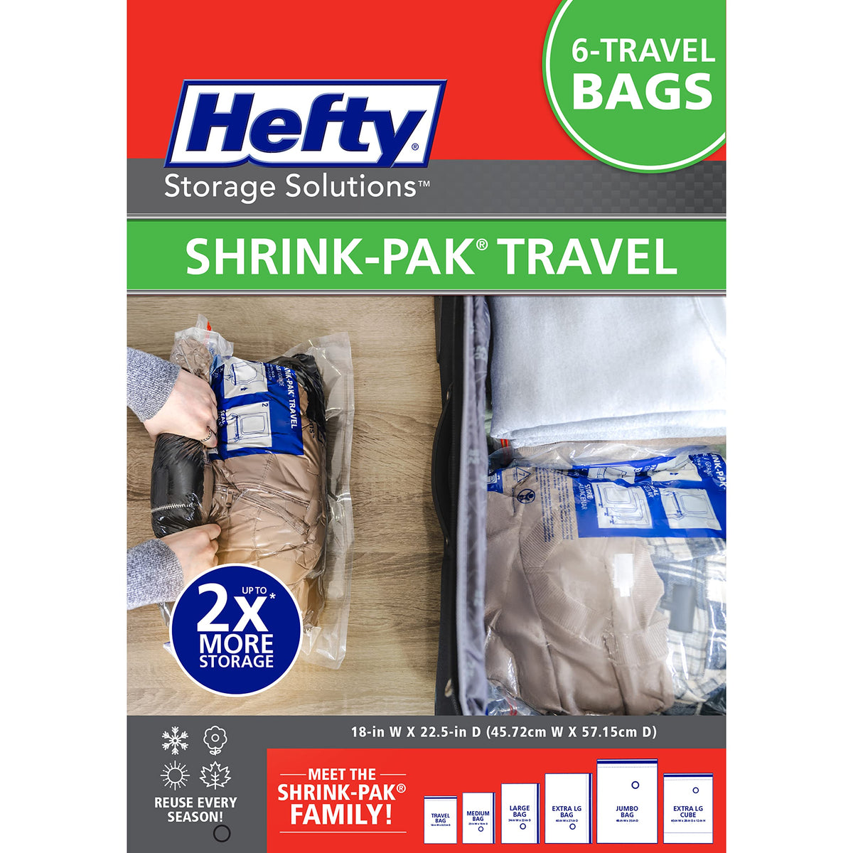 Hefty Shrink-Pak Large Travel Bags - Airtight Storage Bags for Maximum Space Saving, Travel Essentials, Ideal for Packing, Durable, Reliable Compression with Sealed Protection