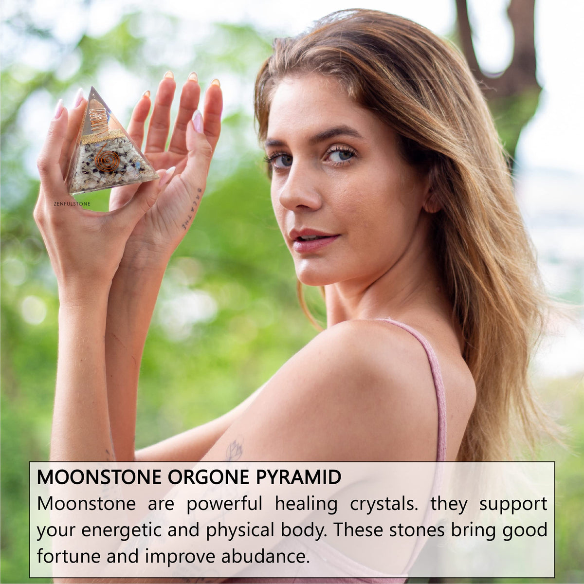 Rainbow Moonstone Orgonite Pyramid for Joy, Intuition and Spiritual Awareness | Orgonite Orgone Crystal pyramid with Copper Coil and Crystal Quartz for Chakra Protection (Rainbow Moonstone)
