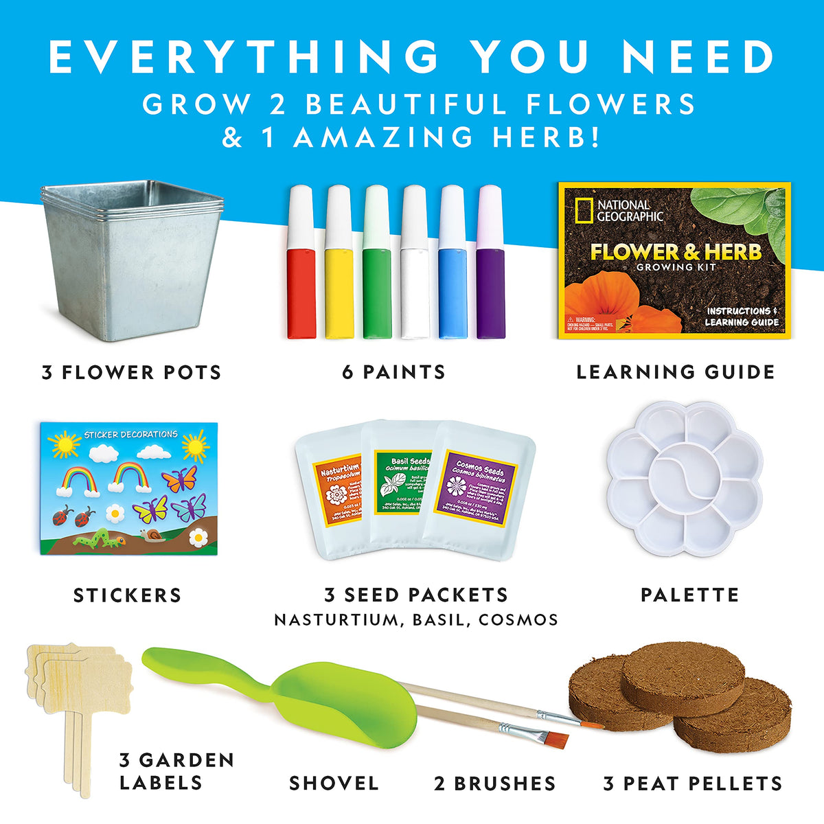 National Geographic Flower & Herb Gardening Kit for Kids - Kids Gardening Set with 3 Stainless Steel Pots, Paint & Stickers, Outdoor Toys, Craft Kits, Plant Growing Kit, Easter Basket Stuffers