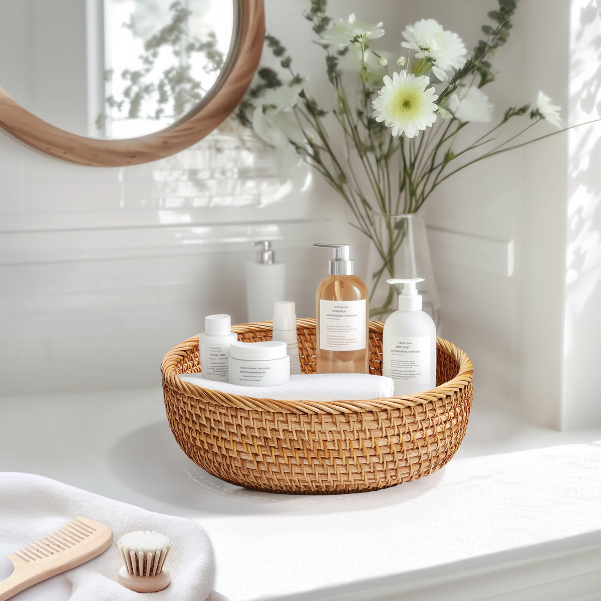 XALVYNQ Honey Brown Natural Rattan Bread Basket Set of 3 - Handwoven Round Wicker Serving Bowls for Fruit, Snacks, Kitchen Counter Organizing | Stackable Farmhouse Decor