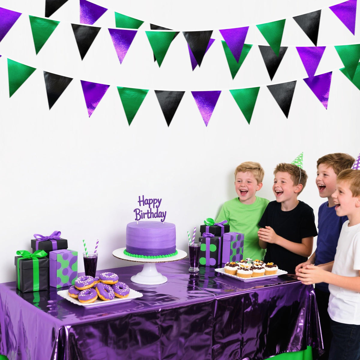 Black Purple Green Party Decorations Metallic Fabric Triangle Pennant Banner Flag Bunting for Boys Men Birthday Graduations Wedding Bachelorette Retirement Video Game Level Up Theme Party Supplies
