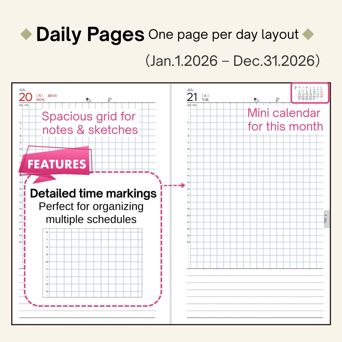 torinco 1（No.553）2026 Japanese Daily Planner (B6 Slim 4.7'' x 7.2'') 1 Page Per Day with Blue Grid + Monthly Split-Box Blocks, Easy-to-Use, Clean Layout for Everyday Planning - Milk Green