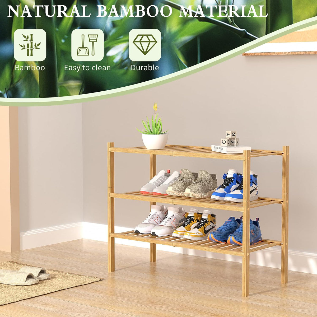 ROMGUAR CRAFT 3-Tier Bamboo Shoe Rack - Stackable Wood Storage Organizer for Small Spaces | 27"x11"x20" (Natural)