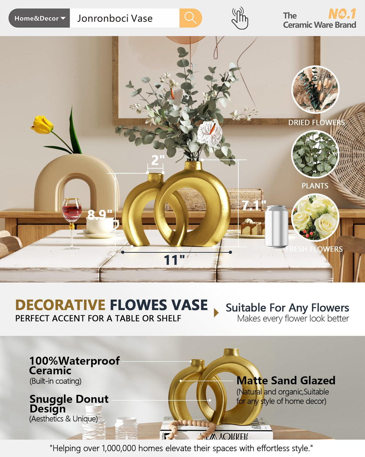Set of 2 Gold Ceramic Vases for Home Decor Accents - Unique Hollow Donut Artistic Design Modern Art Deco Luxury Style Decorative Vases for Shelf, Mantel, Entryway Table Decor (Matte Gold)