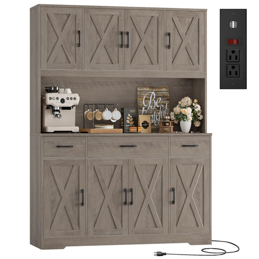 HOSTACK 71" Tall Pantry Cabinet with Charging Station, 55" Wide Kitchen Pantry Storage Cabinet with Countertop, Large Kitchen Hutch with Storage Drawers and Microwave Stand for Dining Room, Ash Grey