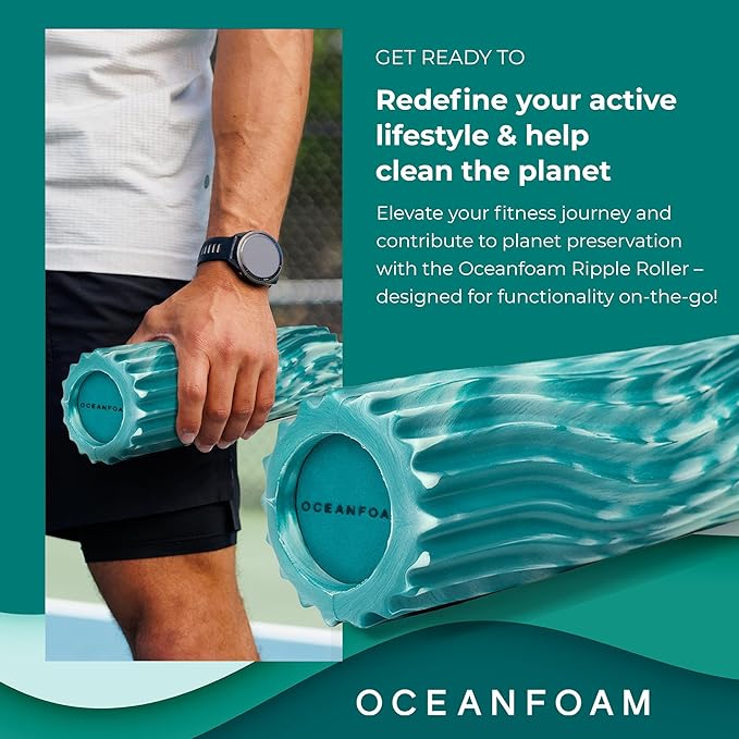 Oceanfoam Ripple Travel Foam Roller (11" x 3.35") Firm Mini Foam Roller for Physical Therapy, Deep Tissue Massage, Back Pain - High Density, Wave Textured - Yoga, Exercise (Jade & Seafoam Marbled)
