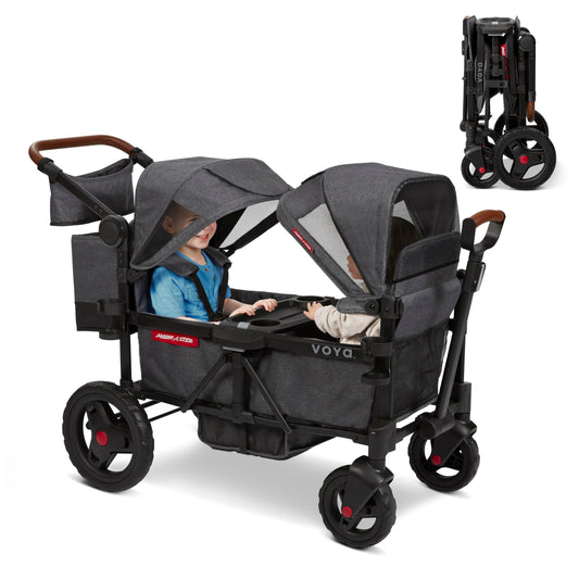 Radio Flyer Voya Stroller Wagon, for Toddlers and Kids 6+ Months, Push or Pull, 2 Seats, Dual Sun Canopies, Compact Fold, Lightweight, Storage Space, 5-Point Harnesses, Stroller Wagon for Kids