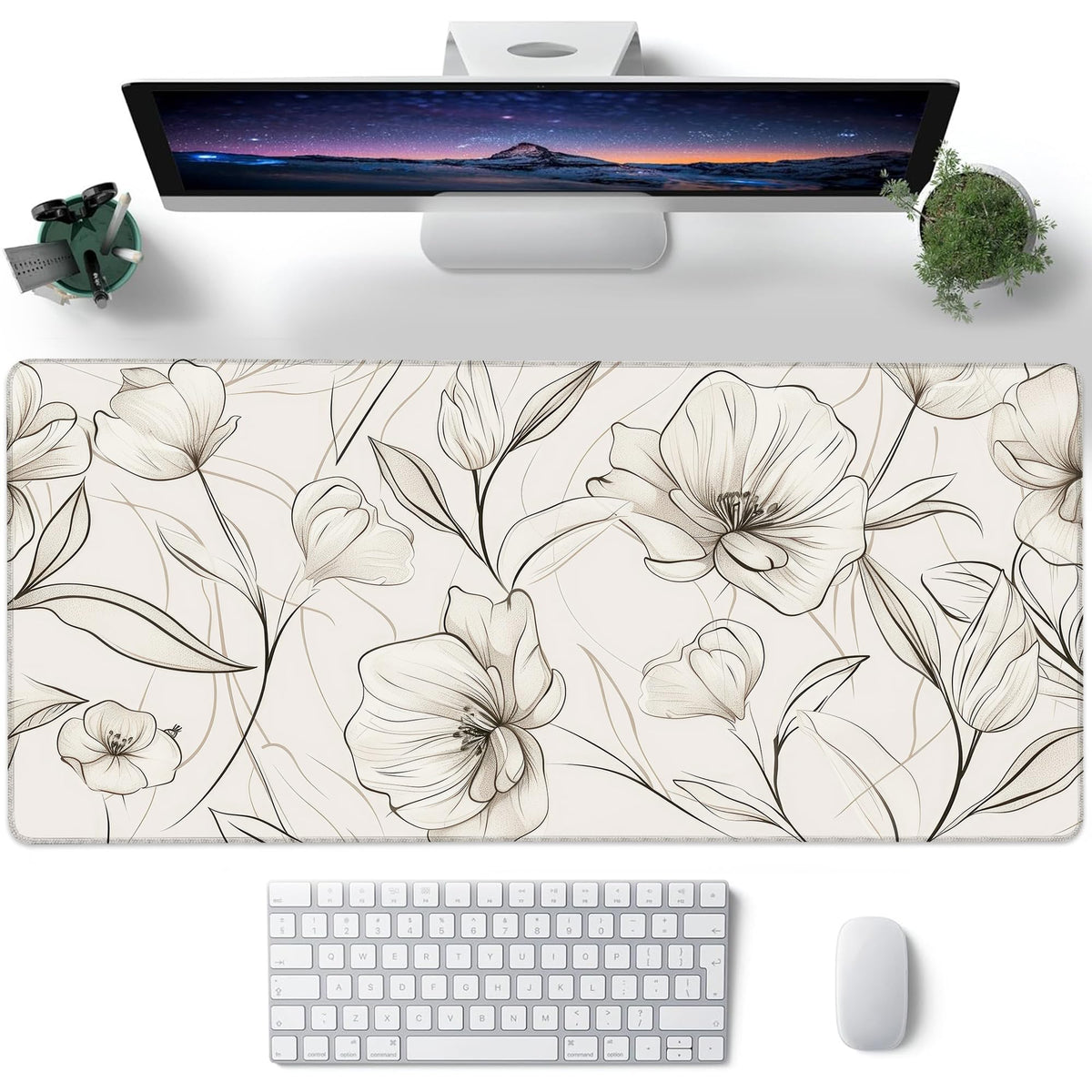 Desk Pad, Boho Minimalist Flowers XXL Gaming Mouse Pad with Stitched Edges,Non-Slip Waterproof Rubber Base Large Desk Mat for Keyboard and Mouse 35.4"x15.7"