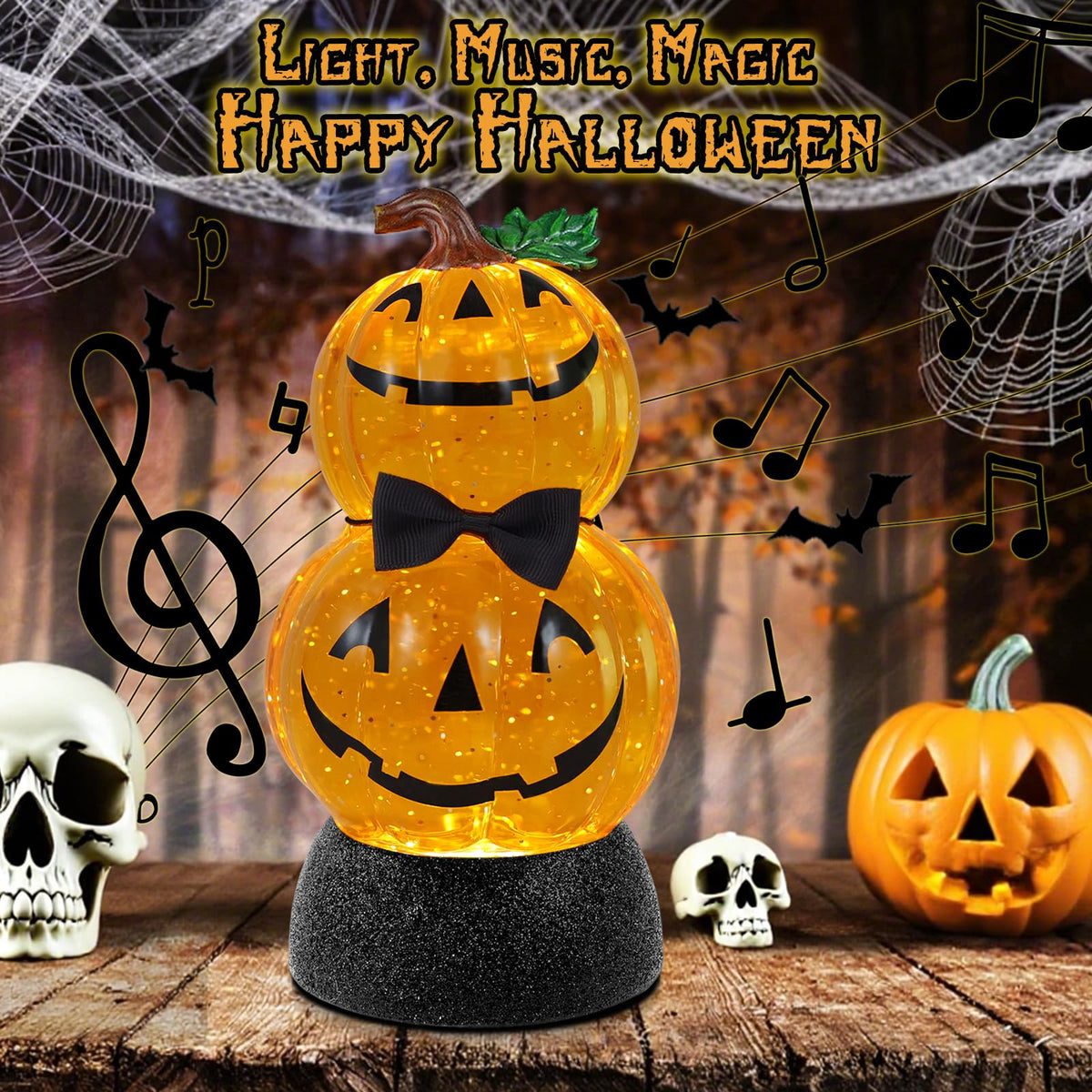 Halloween Snow Globe Lantern Lighted Pumpkin Musical Snow Globe Glitter with 6H Timer Battery and USB Operated Halloween Snow Globes Water Lantern for Spooky Festival Party Decoration (Pumpkin)